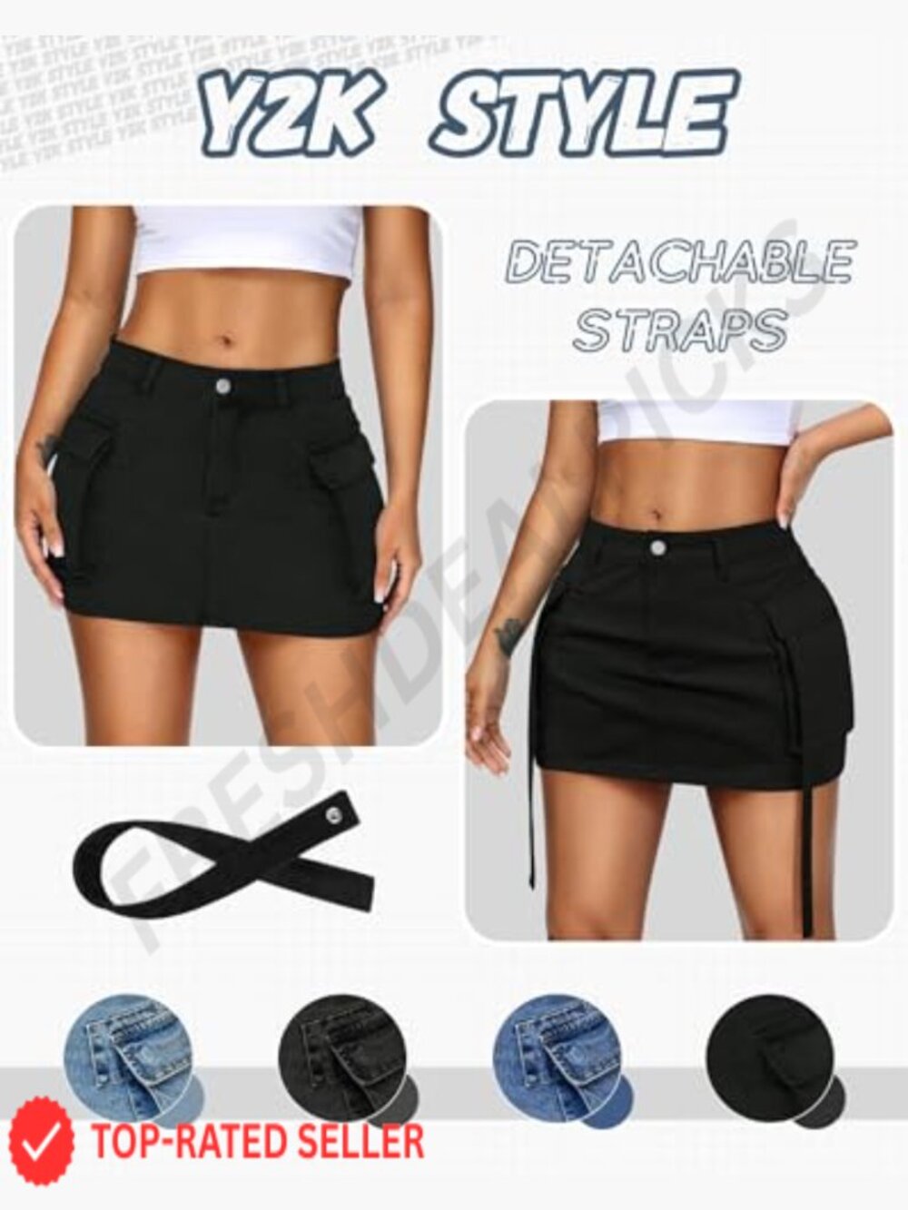 Low Waist Denim Mini Skirt with Cargo Flap Pockets Y2k Button Fly - Picture 4 of 7